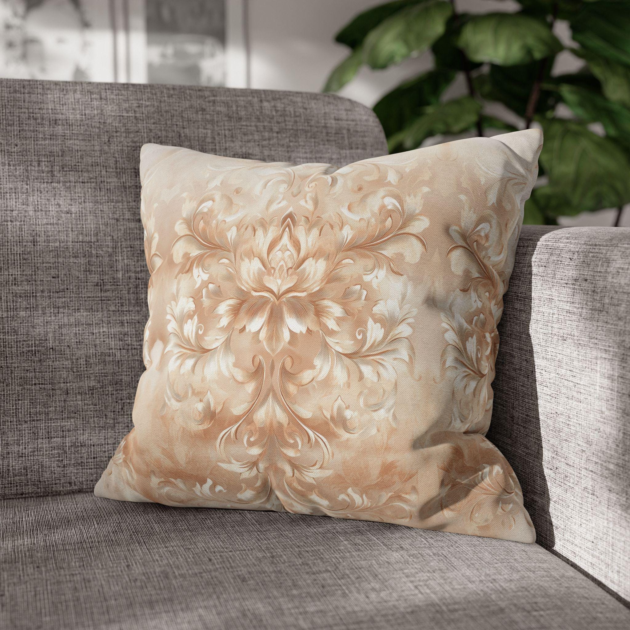 Damask Floral Pillow Cover: Beige Cream Caramel Spun Polyester