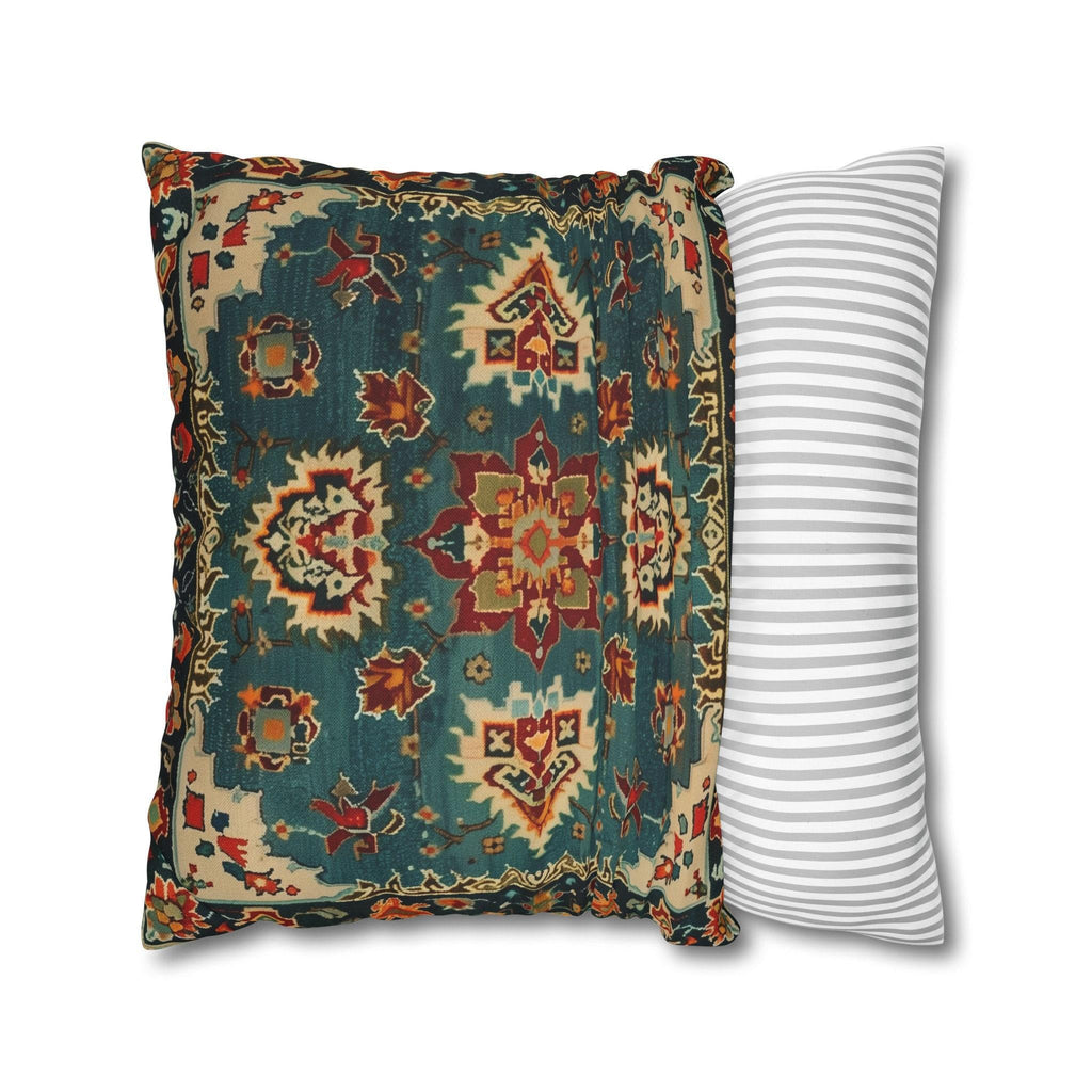 Turkish Rug-Inspired Throw Pillow Cover: Deep Teal & Warm Red Medallion Pattern Square Cushion