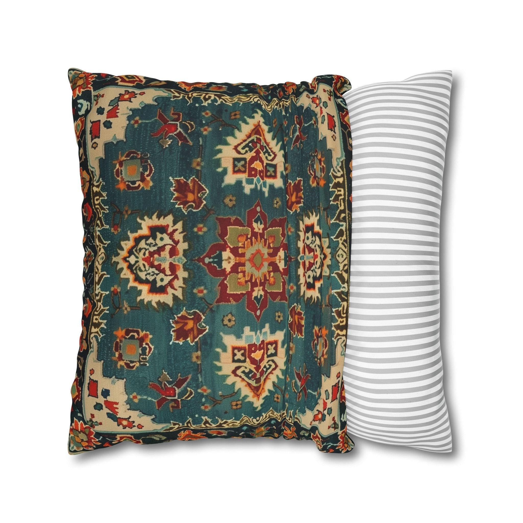 Turkish Rug-Inspired Throw Pillow Cover: Deep Teal & Warm Red Medallion Pattern Square Cushion