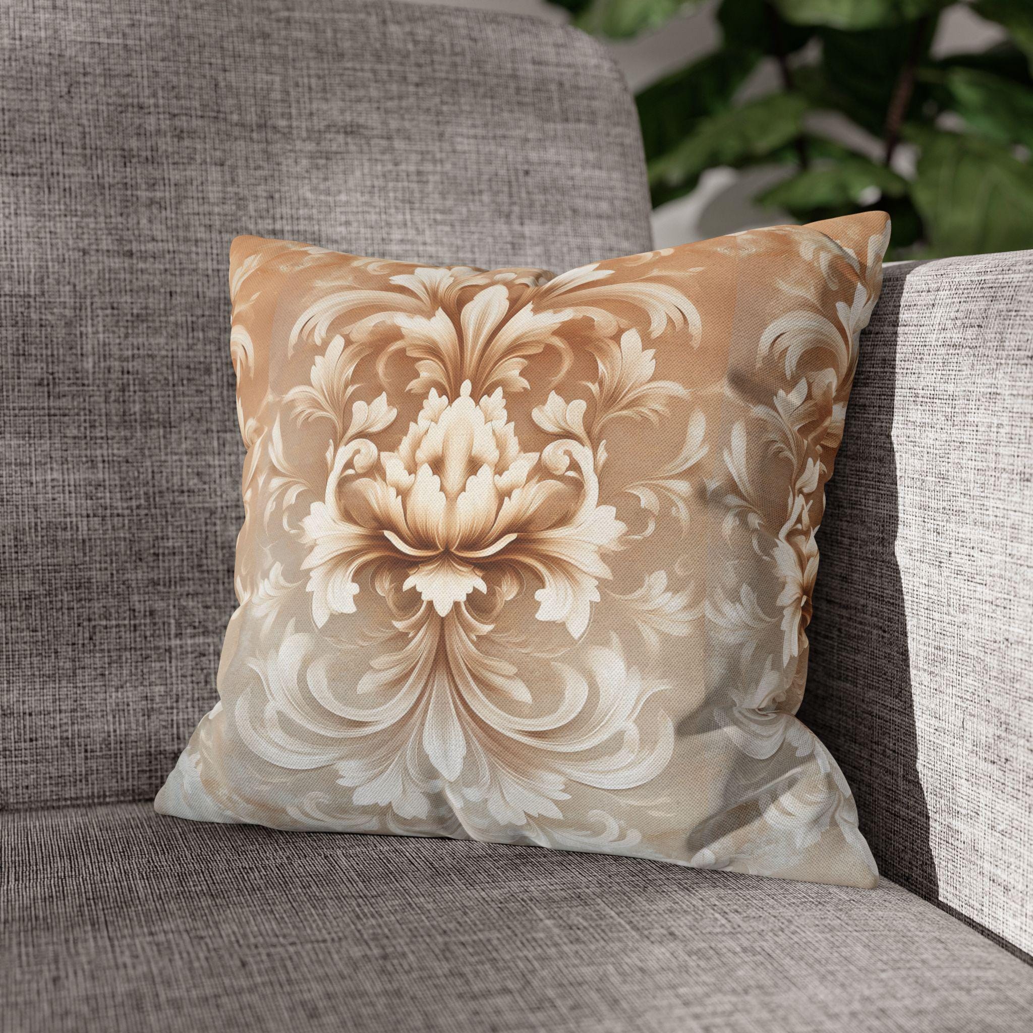 Luxurious Damask Floral Pillowcase: Ivory-Caramel Gradient Scrollwork Design, Elegant Soft Decor Accent