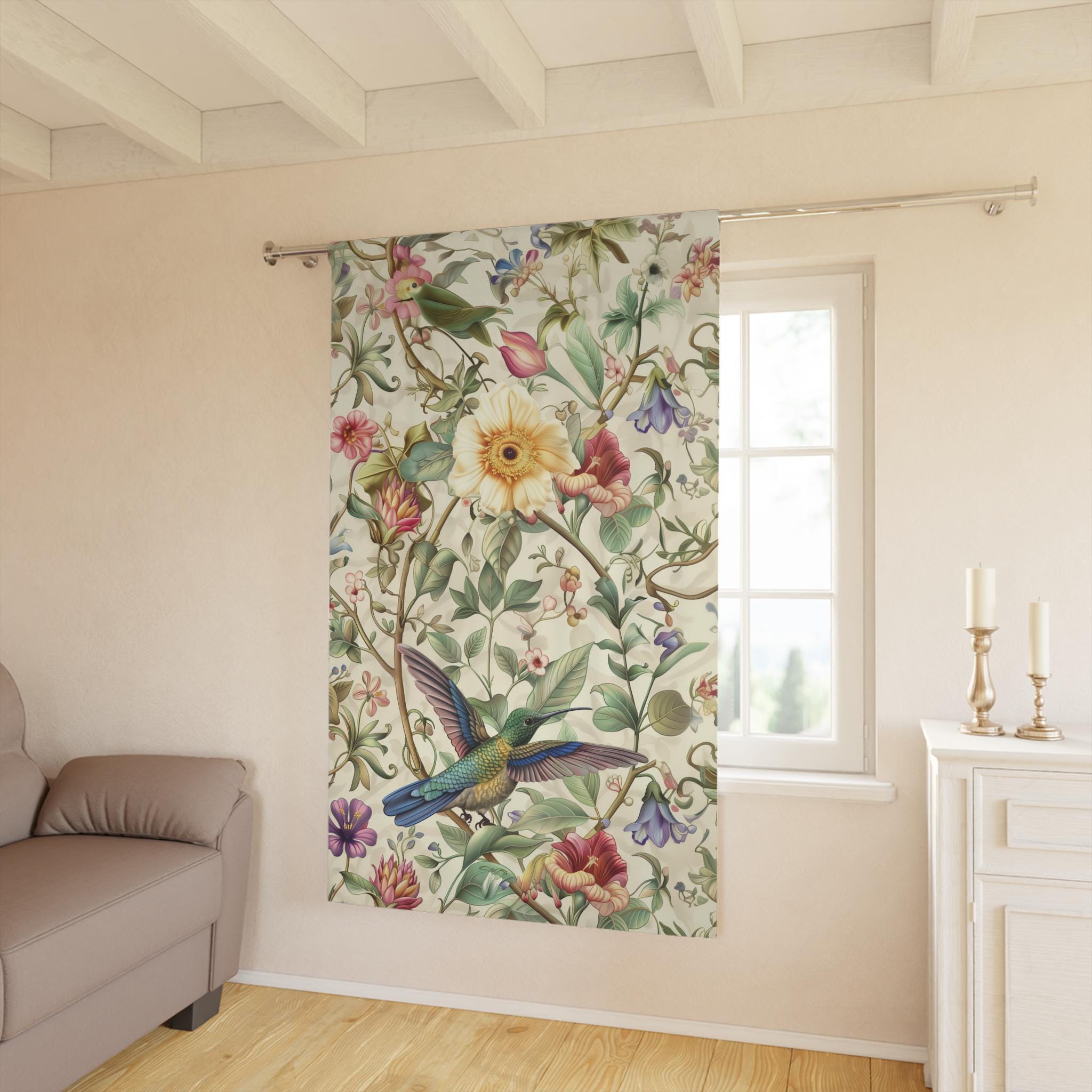 Elegant William Morris Hummingbird Floral Window Curtain Panel - Green, Blue, Gold, Pink, Purple