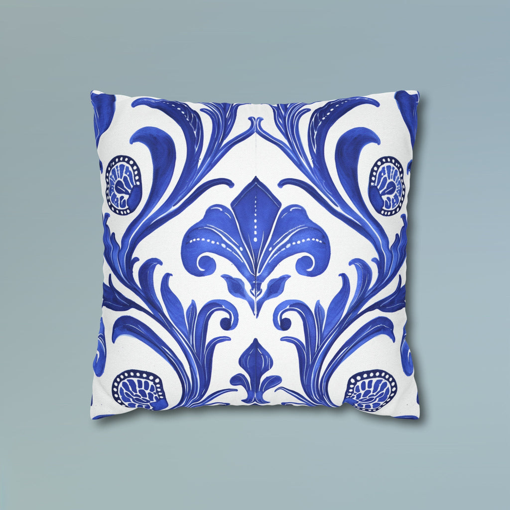 Blue Floral Art Nouveau Pillow Cover, Crisp White Decor