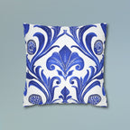 Blue Floral Art Nouveau Pillow Cover, Crisp White Decor