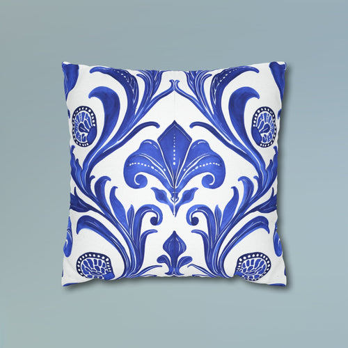 Blue Floral Art Nouveau Pillow Cover, Crisp White Decor