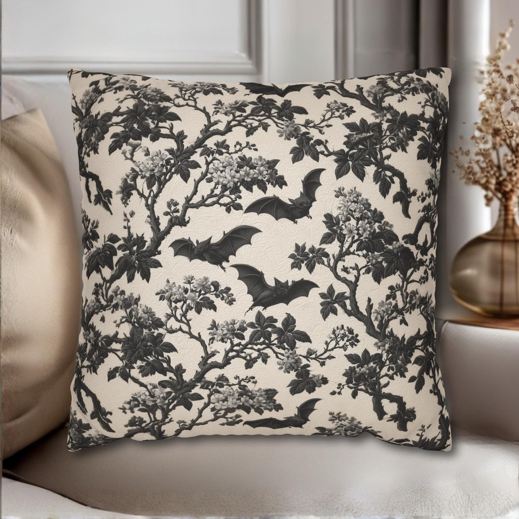 Chinoiserie Five Bats Pillow Cover: Black and Cream Halloween Floral