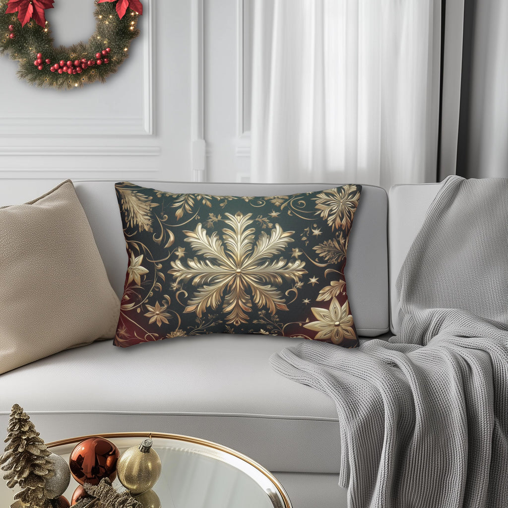 Snowflake Christmas  Lumbar Pillow, Burgundy & Green Ornate Design Lumbar Cushion