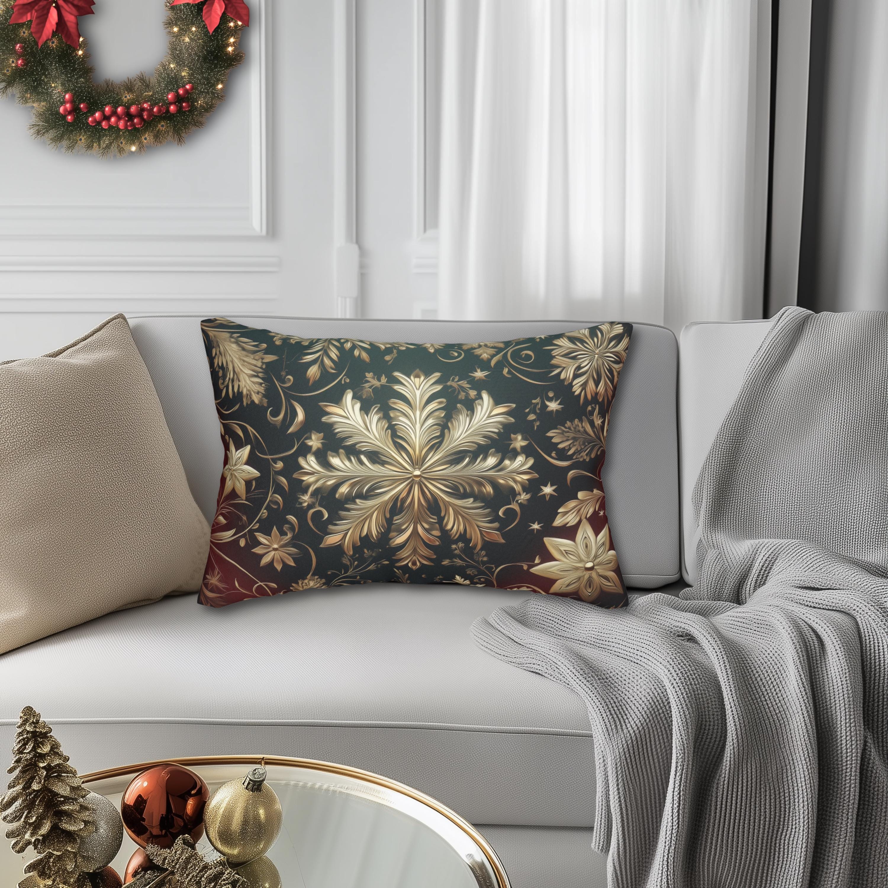 Snowflake Christmas  Lumbar Pillow, Burgundy & Green Ornate Design Lumbar Cushion