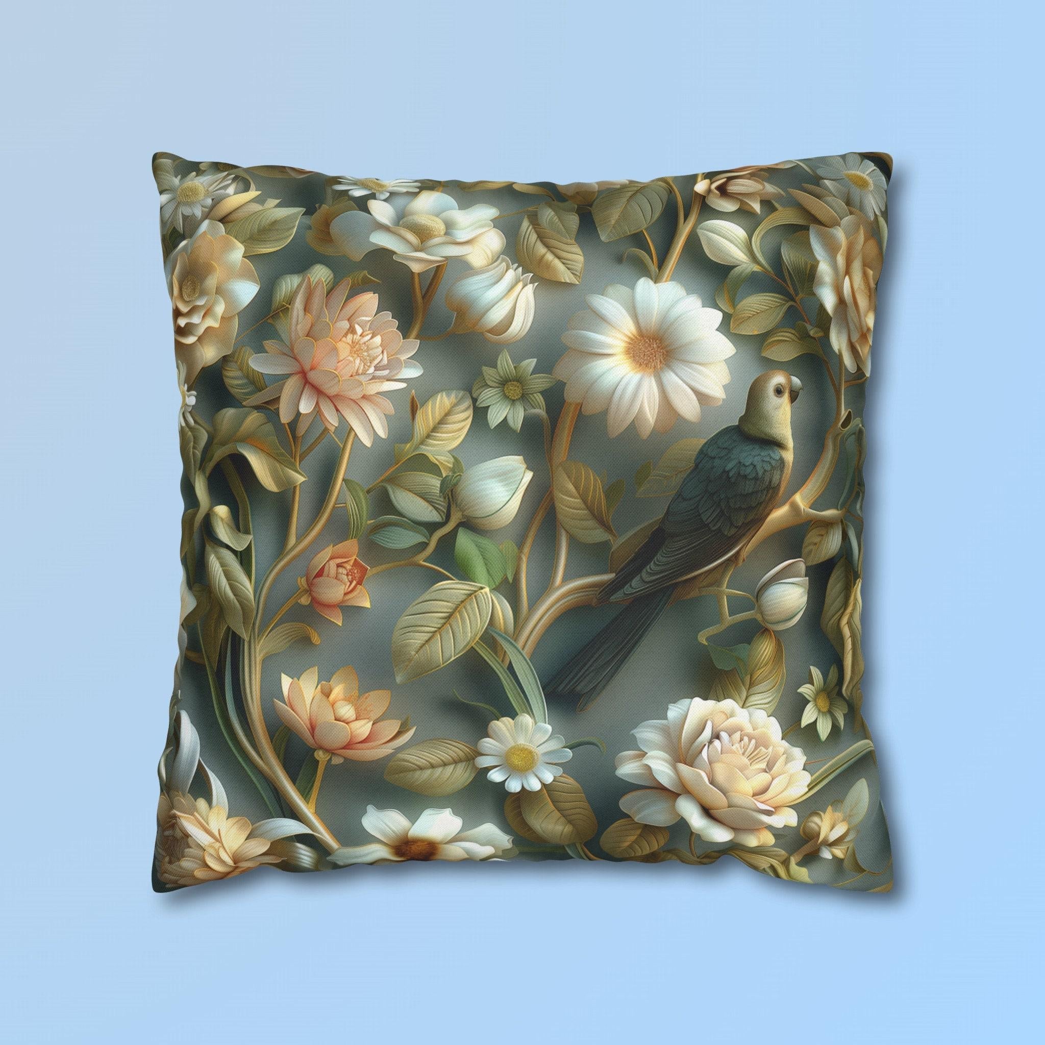 William Morris Pillow Cover | Green Conure, Floral Bird Art