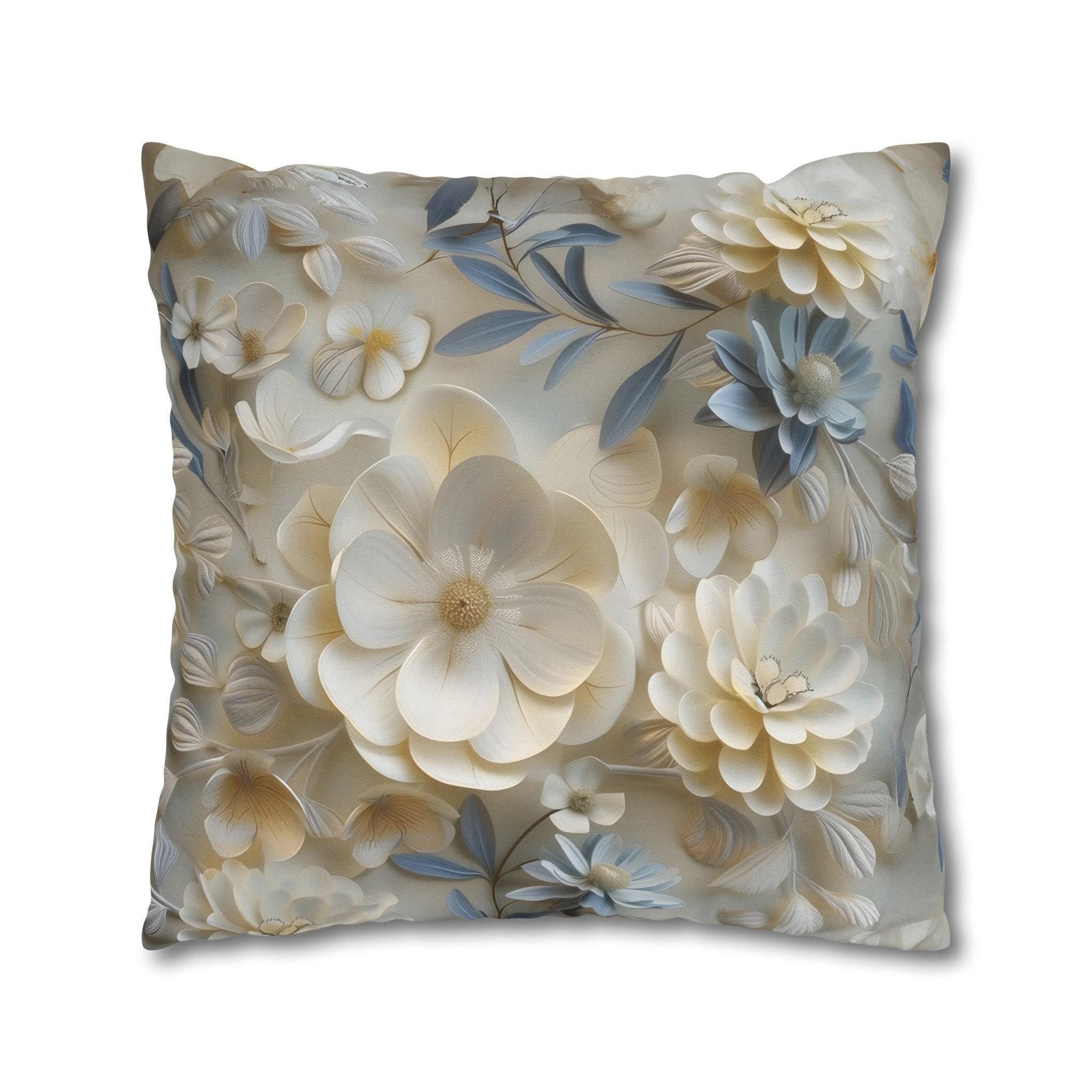 Floral Pillow Cover: Cream, Ivory & Blue Blossoms, Elegant Home Decor