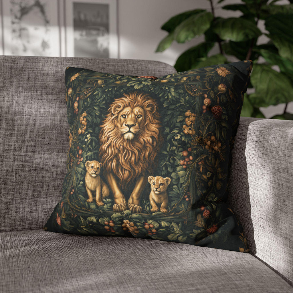 Regal Lion Pillow Cover: William Morris Inspired Botanical Cushion with Jungle Motif