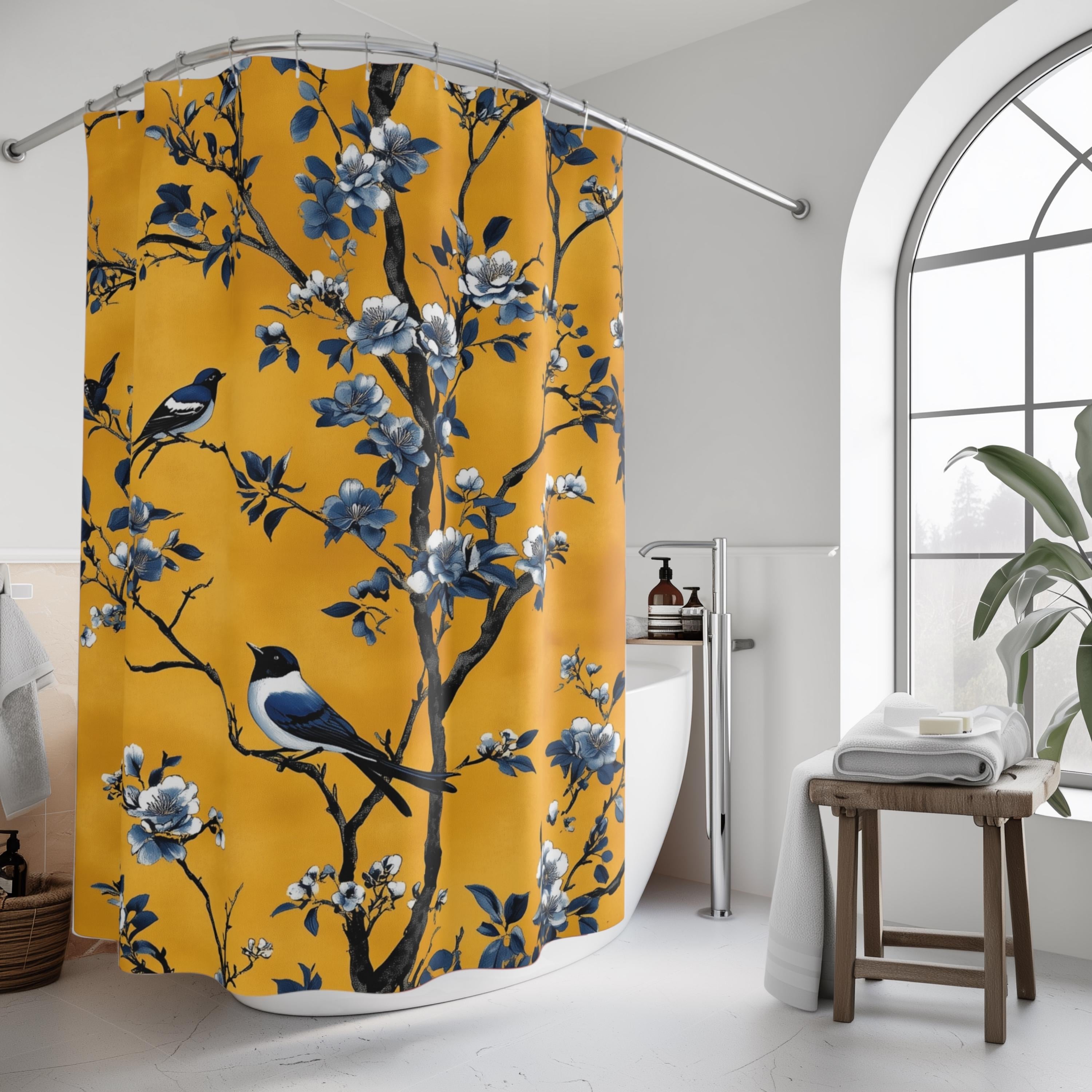 Elegant Chinoiserie Shower Curtain: Blue Birds on Golden Floral Branches, Nature-Inspired Bathroom Decor