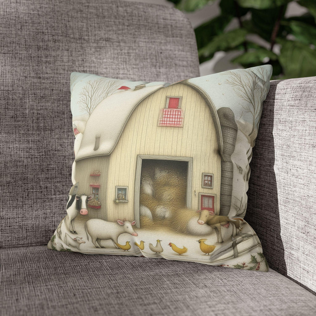 Farmhouse Christmas Barn Pillow Cover: Vintage Style Winter Country Scene