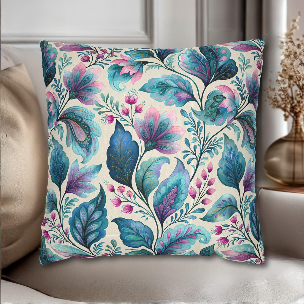Botanical Paisley Pillow Cover: Watercolor Jewel Tone in Teal, Aqua, Violet and Pink