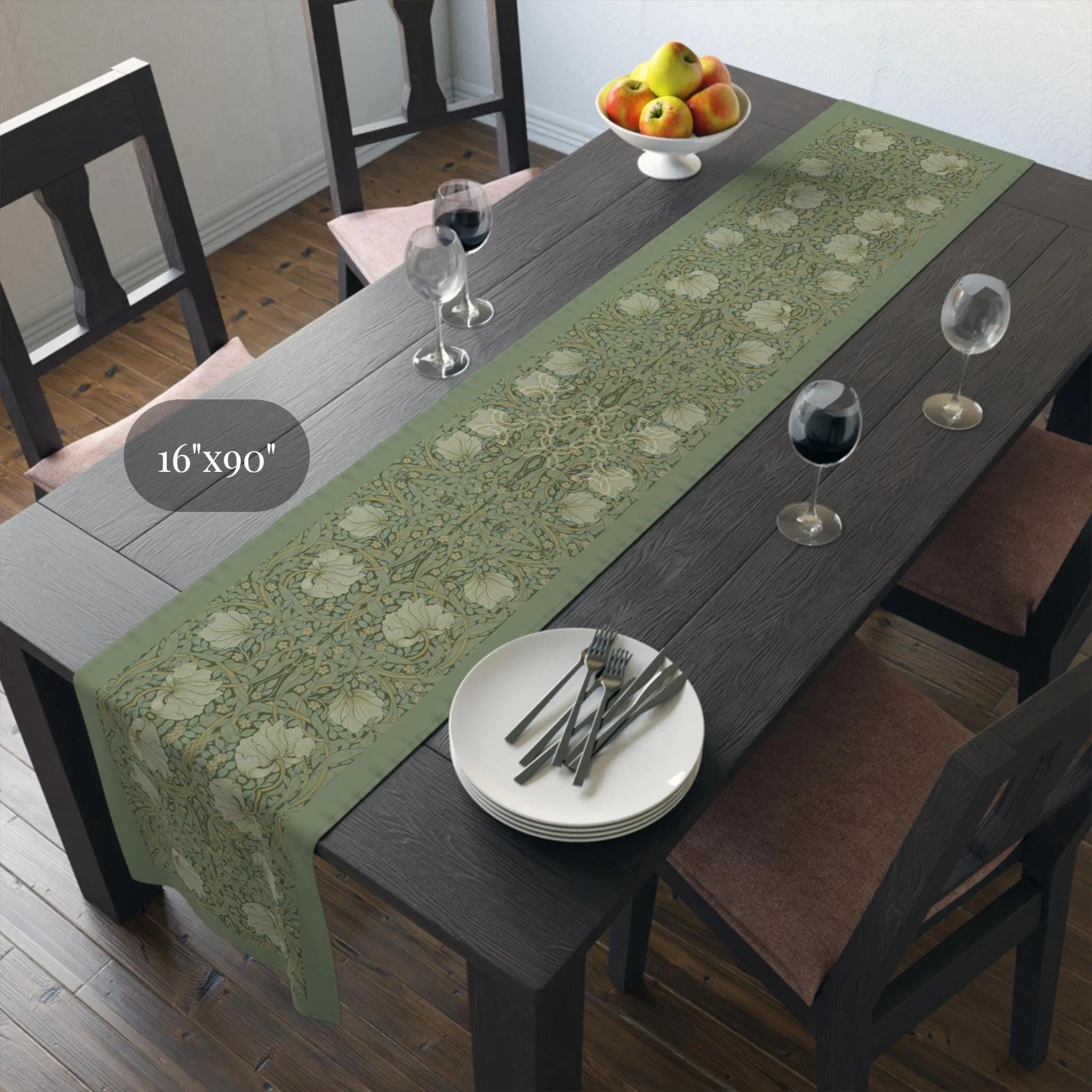 William Morris Pimpernel Sage Table Runner: Vintage Wallpaper-Inspired Botanical Art Nouveau Decor