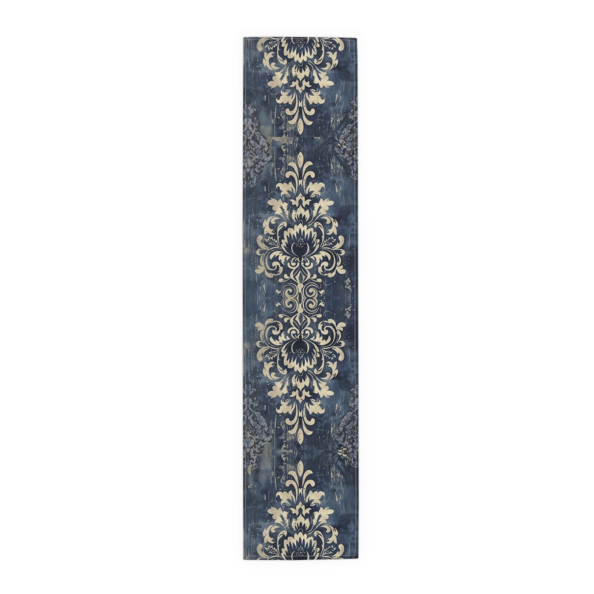 Navy Blue and Gold Damask Table Runner: Farmhouse Chic Decor