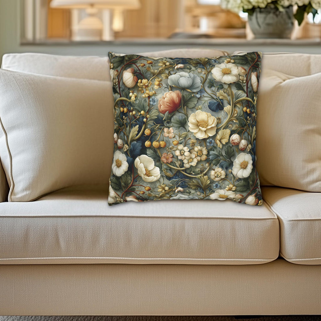 Vintage Style Meadow Garden Pillow Cover: Soft Sage Ivory & Lilac Botanical Floral
