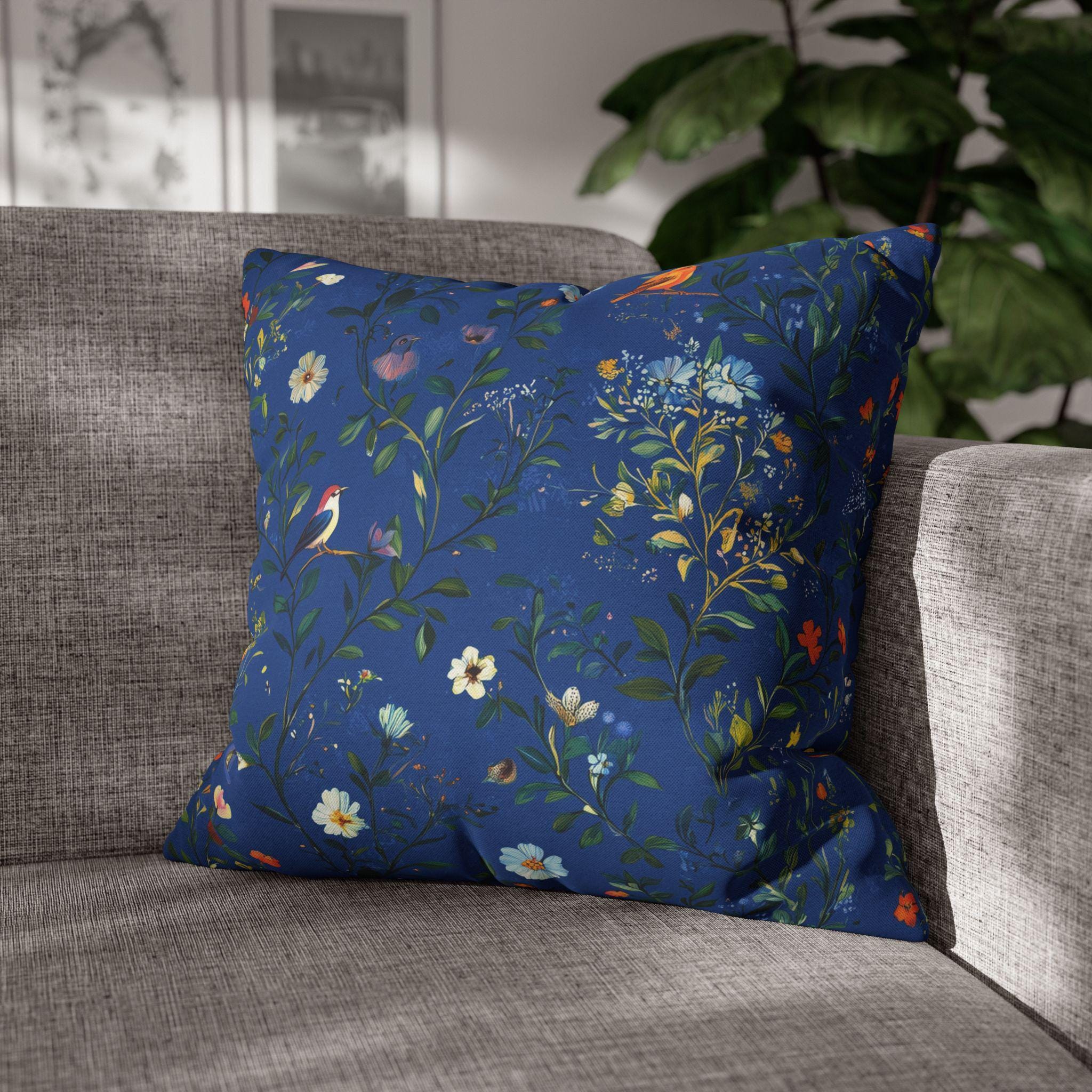 Elegant Navy Chinoiserie Bird Pillow Cover: Vintage-Inspired Garden Scene for Classic Home Decor