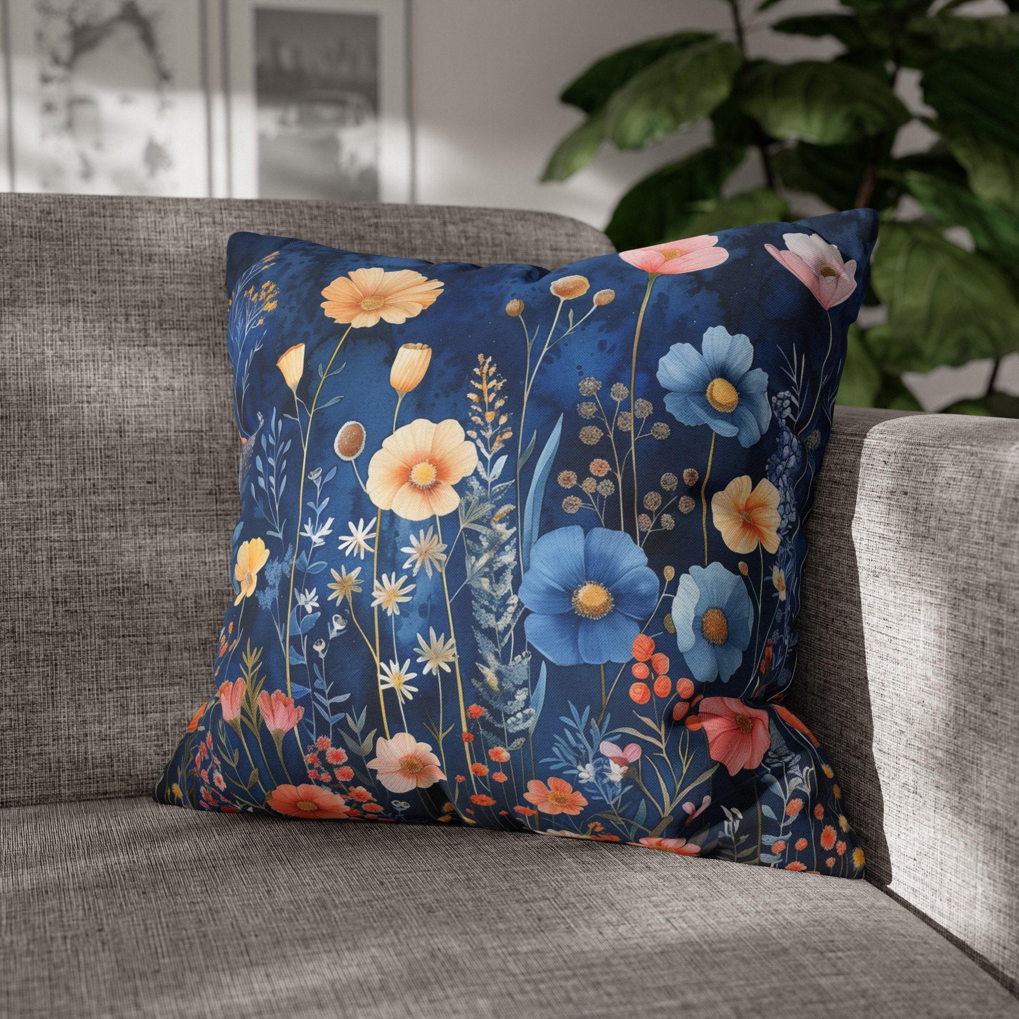Navy Blue Floral Pillow Cover: Dreamy Garden Accent