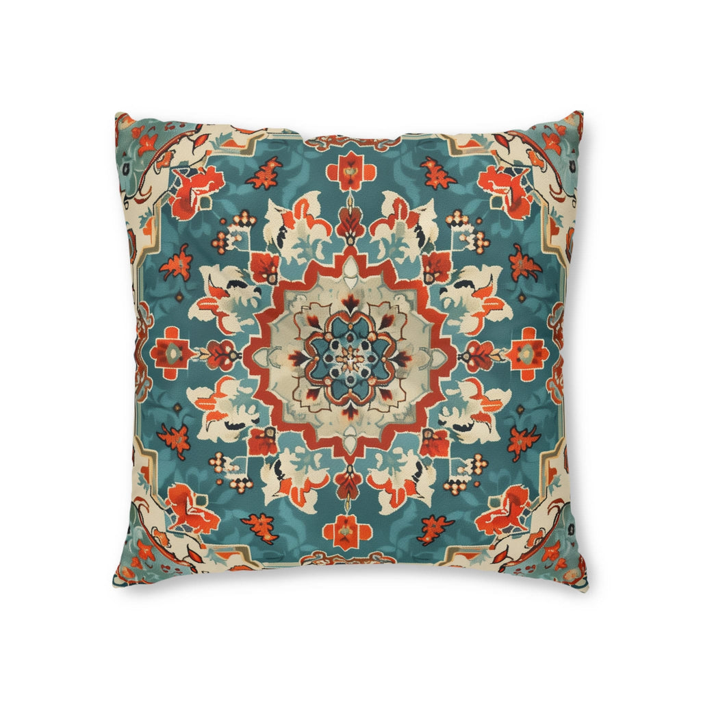 Turkish Kilim-Inspired Tufted Floor Cushion: Vibrant Teal & Coral Medallion Design for Bohemian Seating