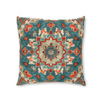 Turkish Kilim-Inspired Tufted Floor Cushion: Vibrant Teal & Coral Medallion Design for Bohemian Seating