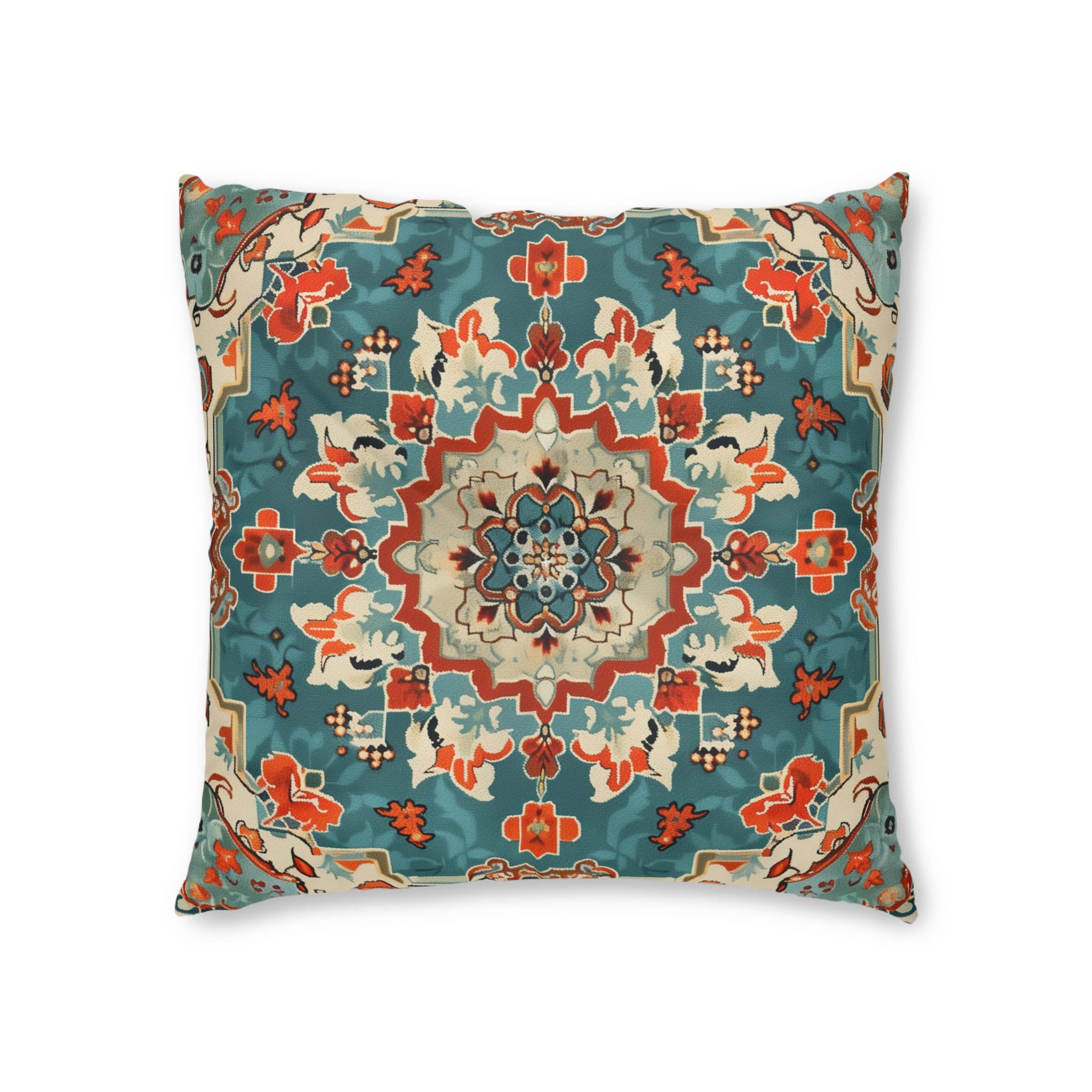 Turkish Kilim-Inspired Tufted Floor Cushion: Vibrant Teal & Coral Medallion Design for Bohemian Seating