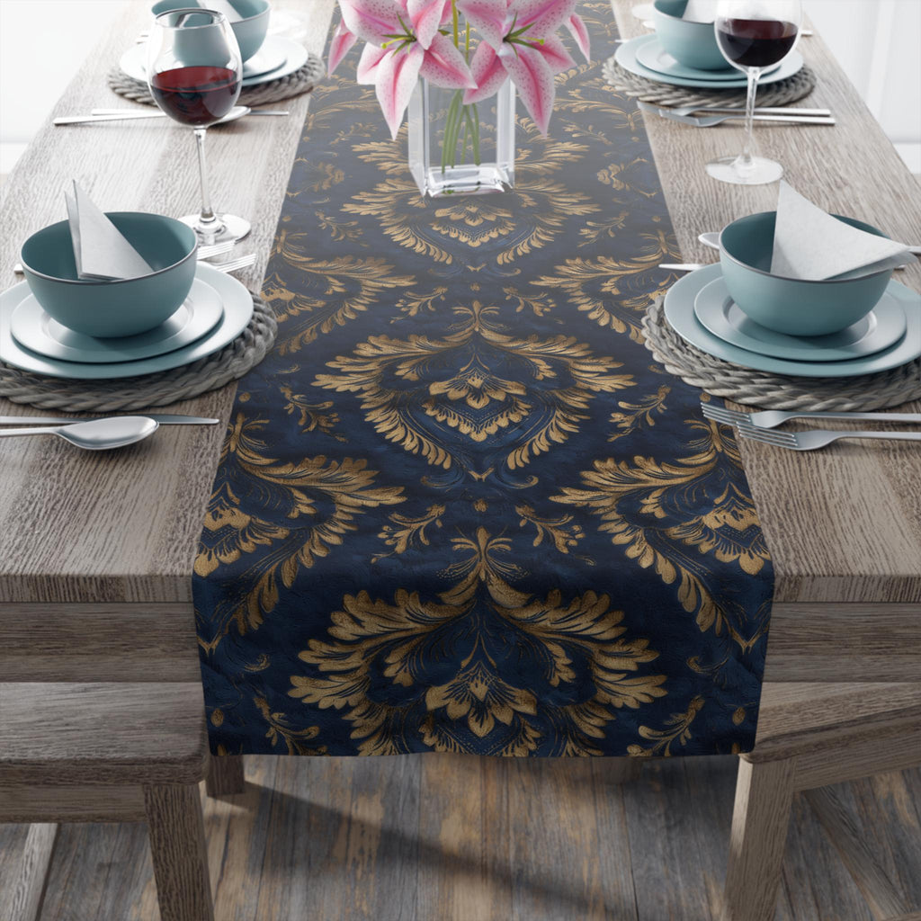 Royal Blue & Gold Damask Table Runner: Faux Brocade Holiday Accent