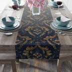 Royal Blue & Gold Damask Table Runner: Faux Brocade Holiday Accent