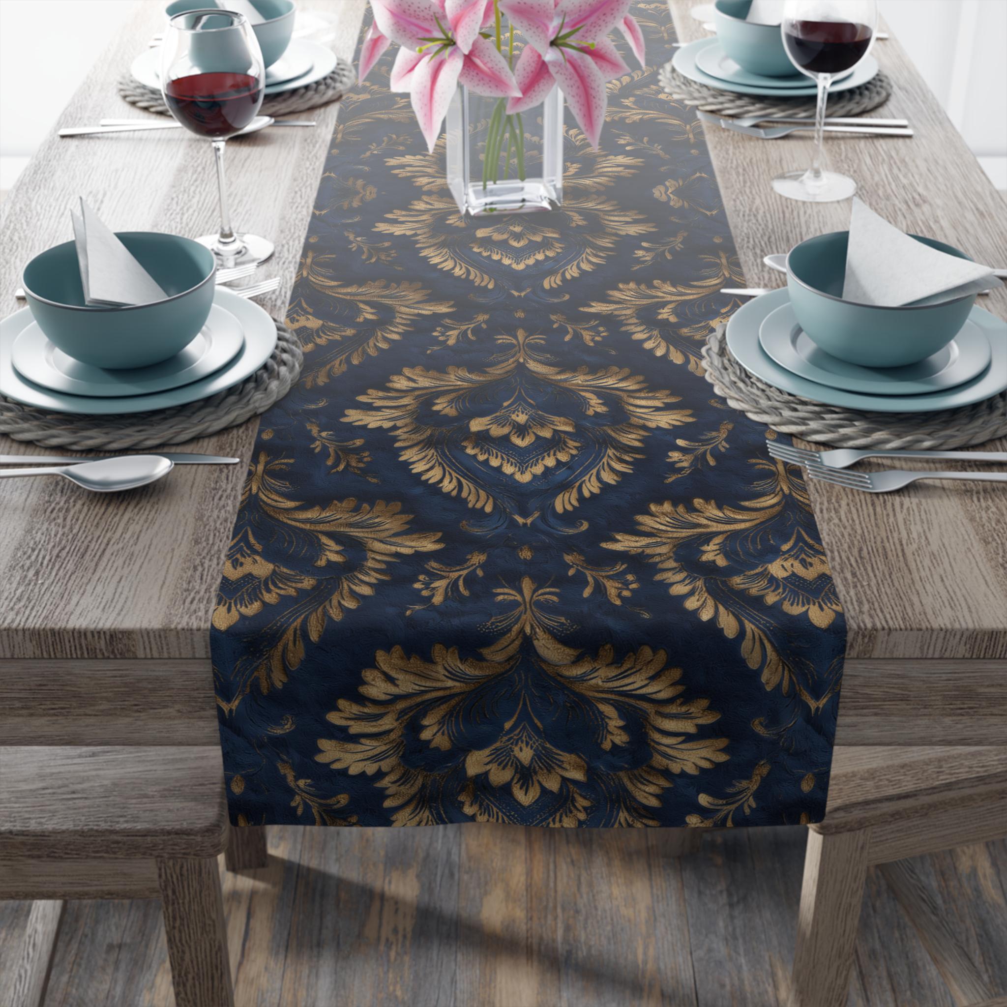 Royal Blue & Gold Damask Table Runner: Faux Brocade Holiday Accent