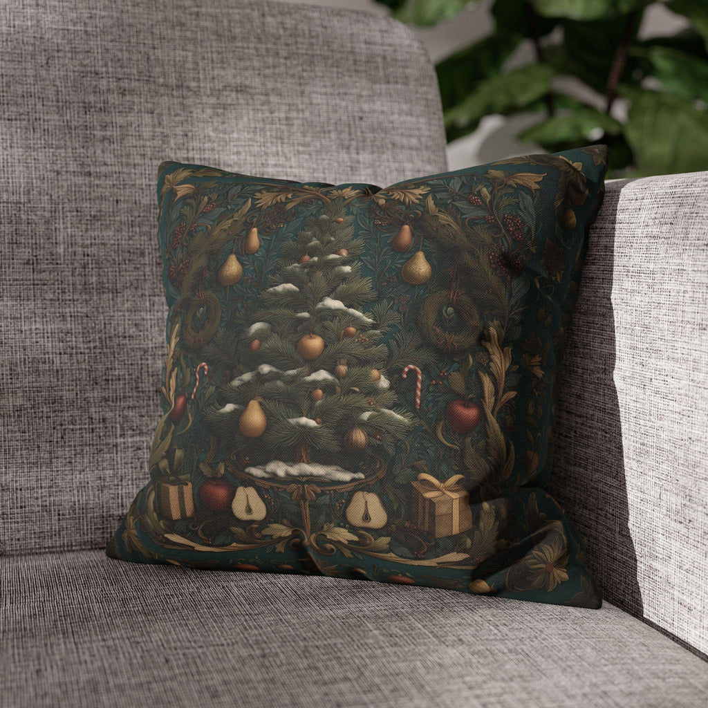William Morris Inspired Christmas Tree Pillow Cover: Holiday Fruit & Wreath Motif