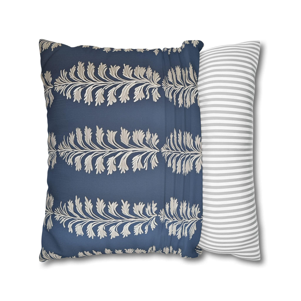 Slate Blue Botanical Pillow Cover: Ivory Leaf Stripe, Farmhouse Decor