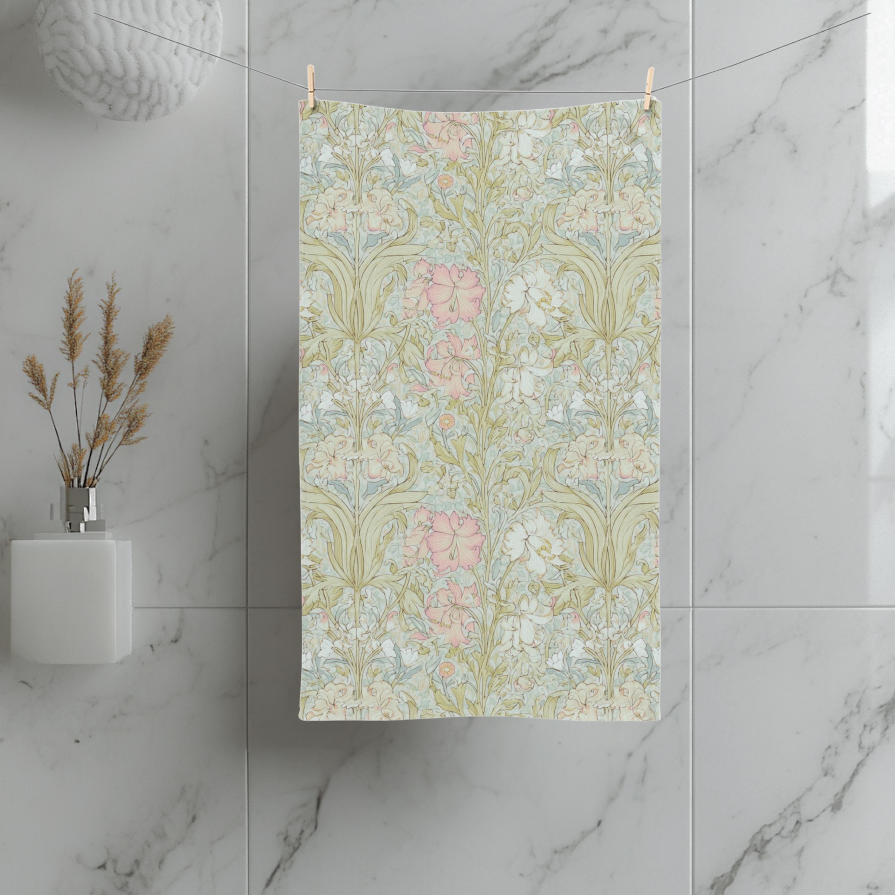 William Morris Style Hand Towel: Soft Sage and Blush Botanical Ivory Cottage Decor