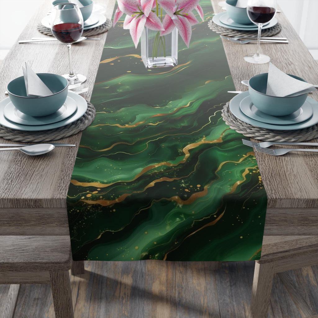 Modern Abstract Waves Table Runner:  Emerald Green and  Gold Luxe Decor
