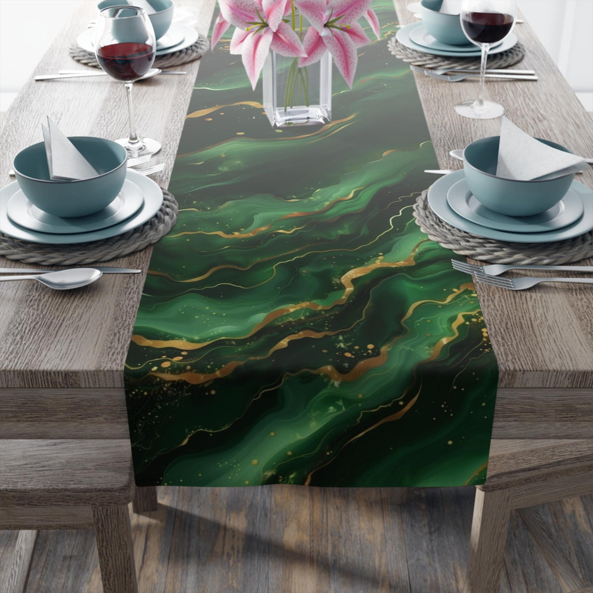 Modern Abstract Waves Table Runner:  Emerald Green and  Gold Luxe Decor