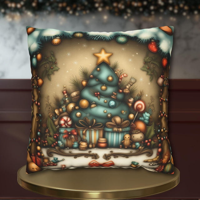 Nostalgic Christmas Pillow Cover: Vintage Style Tree & Presents Holiday Décor