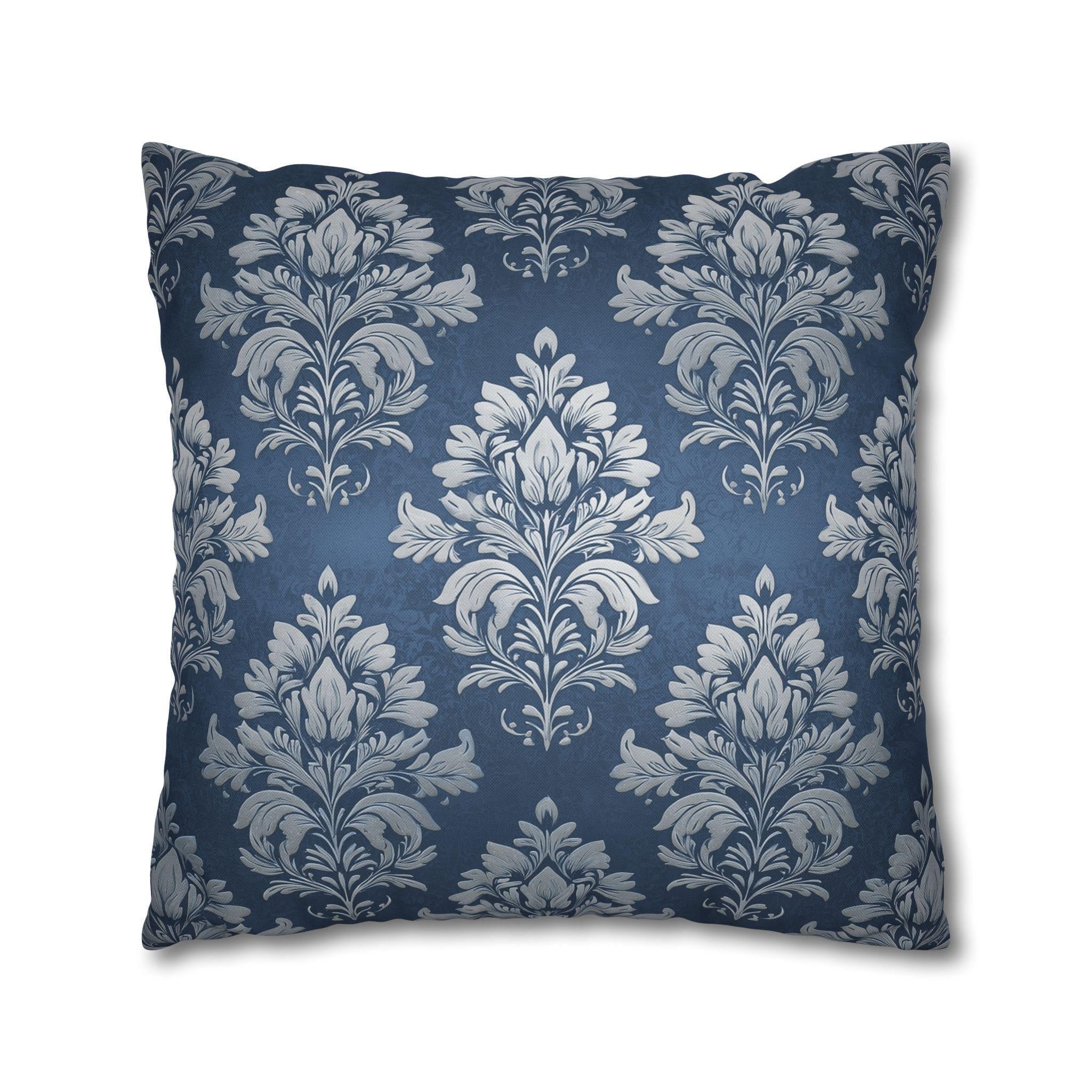 Steel Blue Damask Pillow Cover: Elegant Floral Cushion