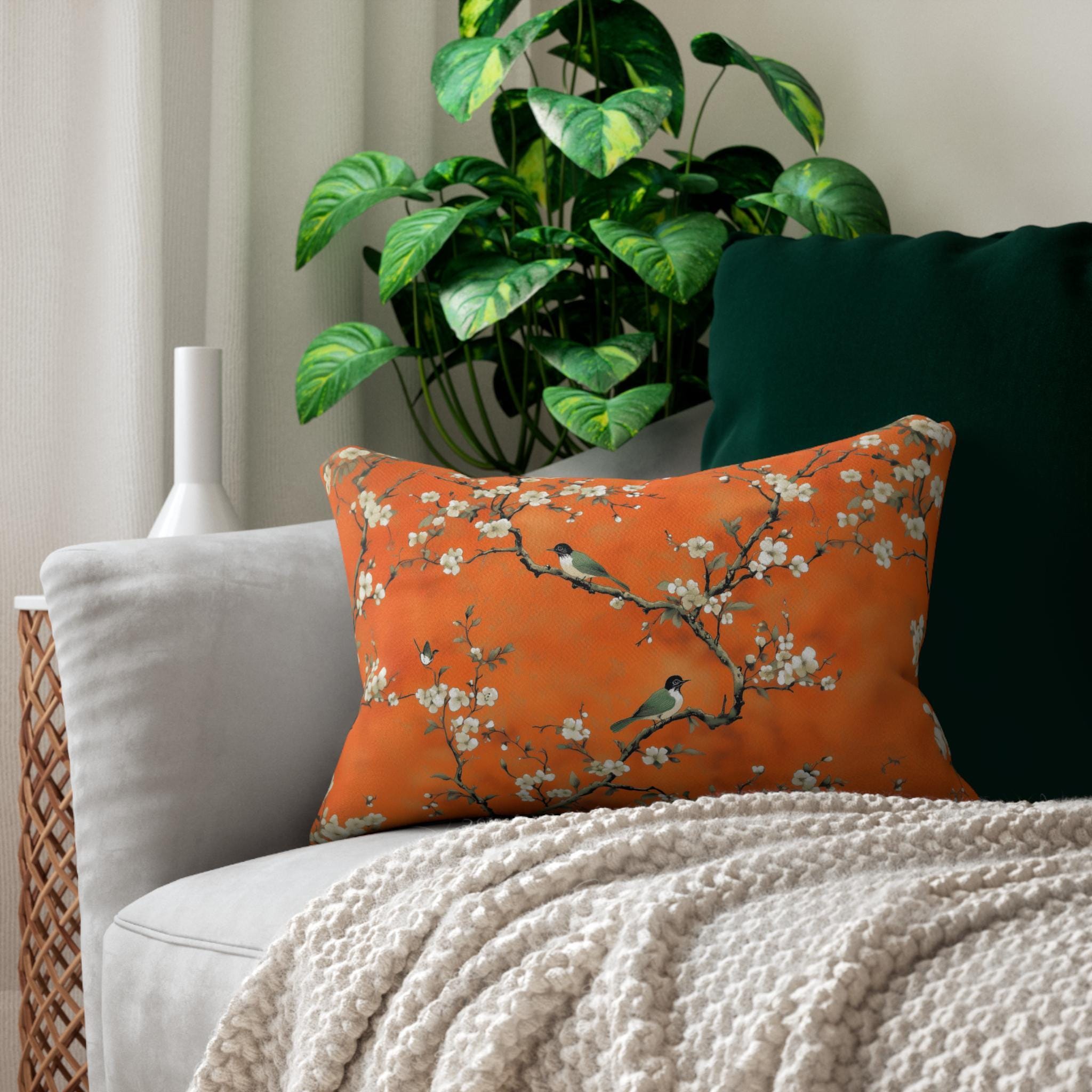 Elegant Chinoiserie Lumbar Pillow: Burnt Orange Asian-Inspired Floral Bird Design