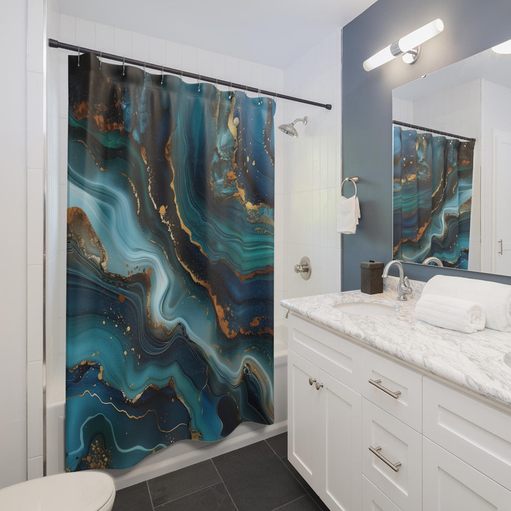 Ocean Wave Shower Curtain: Teal Navy Marble Print with Gold Accents