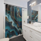 Ocean Wave Shower Curtain: Teal Navy Marble Print with Gold Accents
