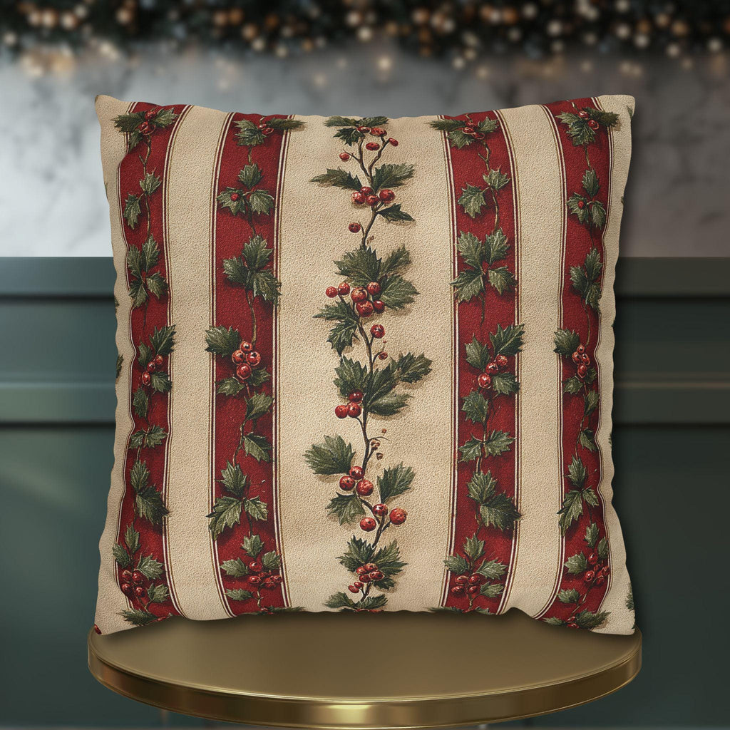 Striped Holly Christmas Pillow Cover: Red, Green, Cream Holiday Botanical Winter Decor
