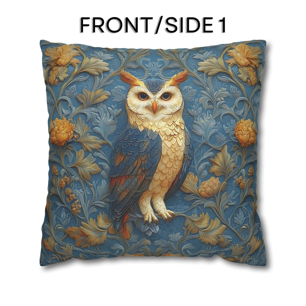 William Morris Style Throw Pillow Cover: Blue and Gold Owl Design