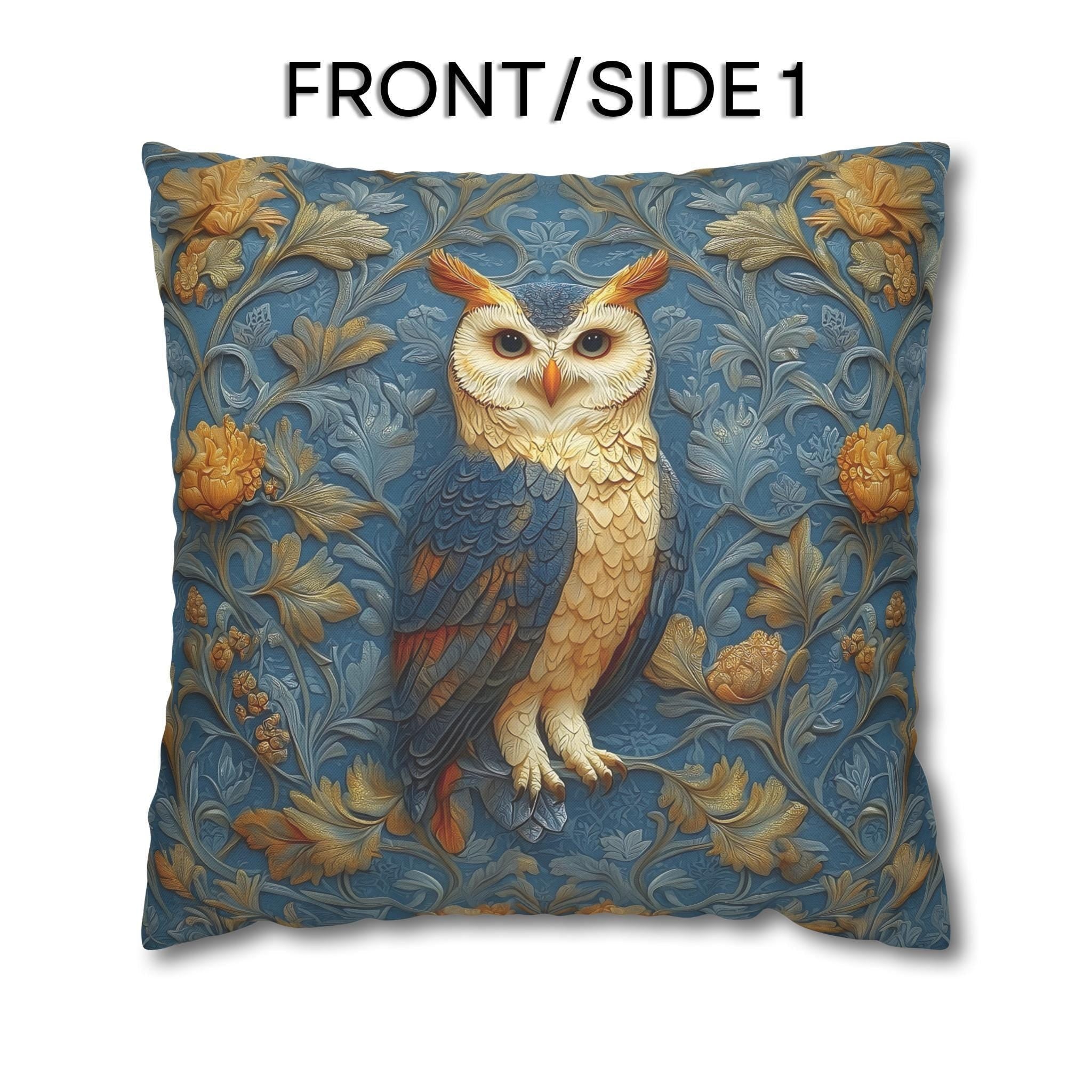 William Morris Style Throw Pillow Cover: Blue and Gold Owl Design