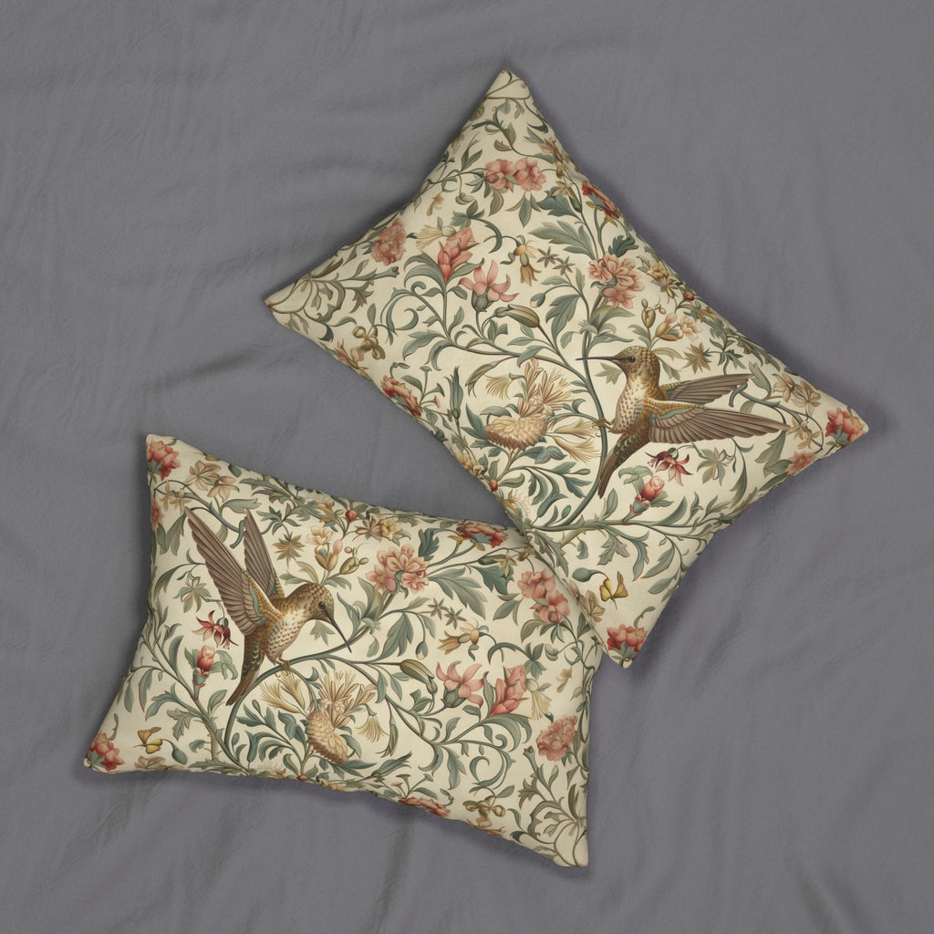 William Morris Hummingbird Lumbar Pillow - Elegant Floral Bird Design in Brown, Gold, and Green