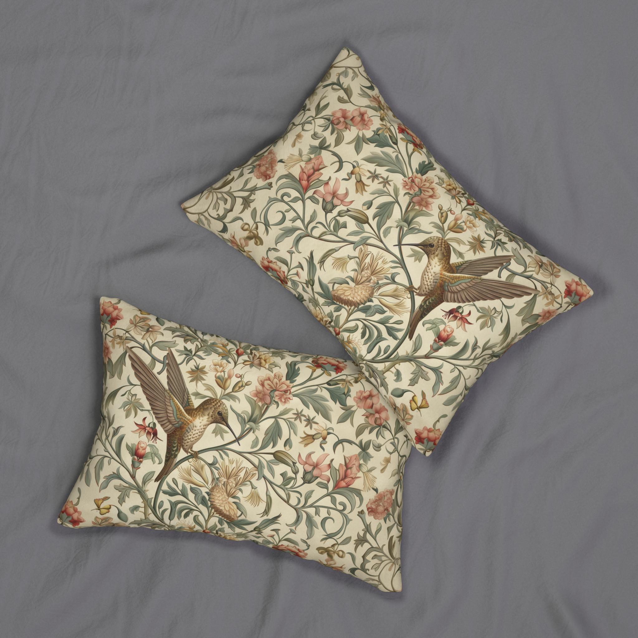 William Morris Hummingbird Lumbar Pillow - Elegant Floral Bird Design in Brown, Gold, and Green