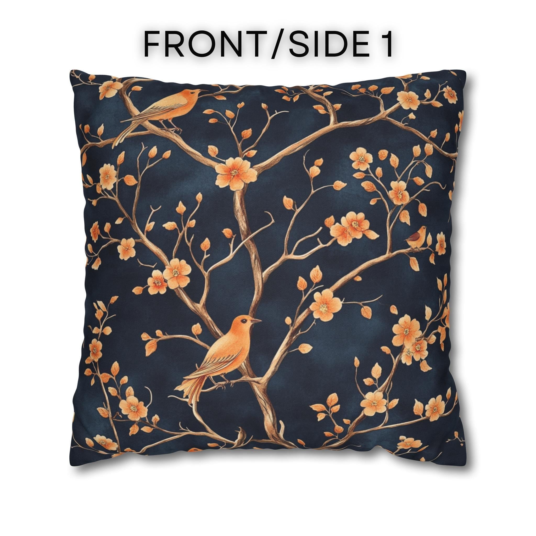 Chinoiserie Bird Throw Pillow Cover: Peach & Chestnut Floral, Navy Blue