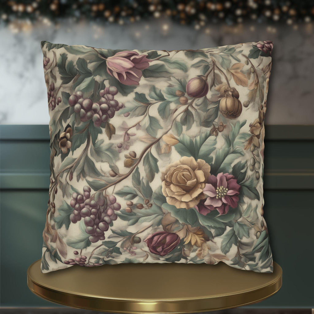 William Morris Inspired Christmas Floral Pillow Cover: Moss, Plum & Gold Square Polyester Cushion Case