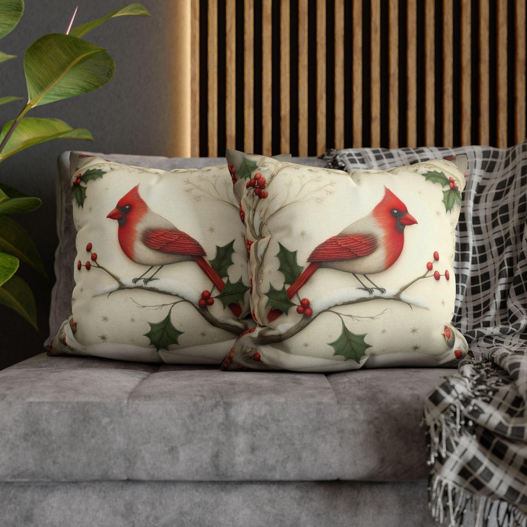 Cardinal in Winter Pillow Cover: Vintage Style Holiday Bird & Snowy Branches Accent