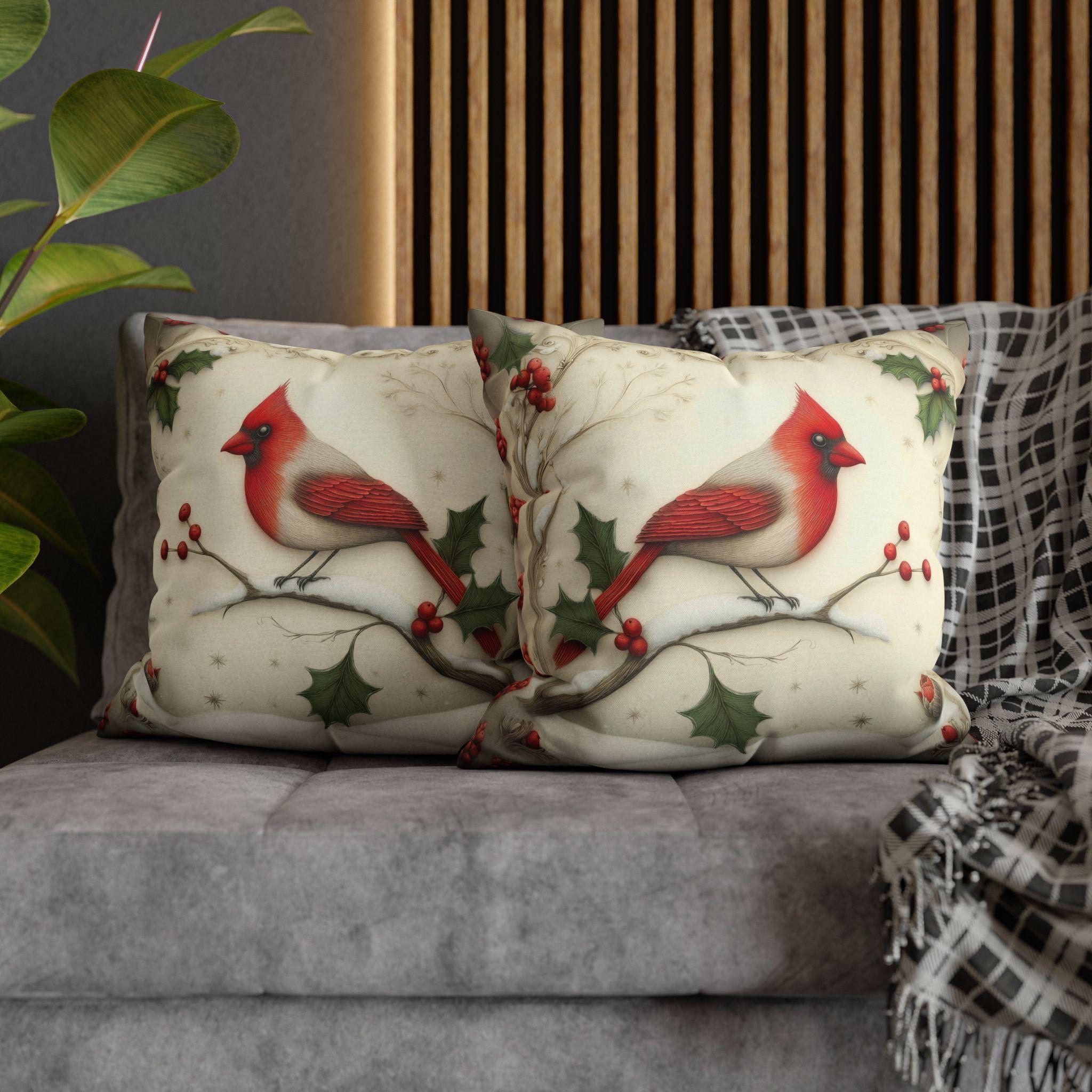 Cardinal in Winter Pillow Cover: Vintage Style Holiday Bird & Snowy Branches Accent