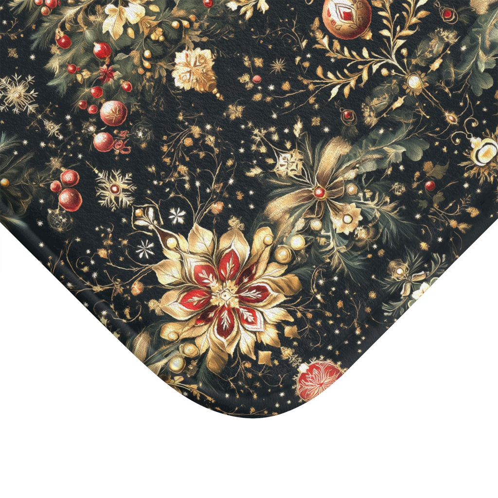 Christmas Tree Bath Mat: Luxe Gold Red & Green on Deep Charcoal Holiday Bath Decor