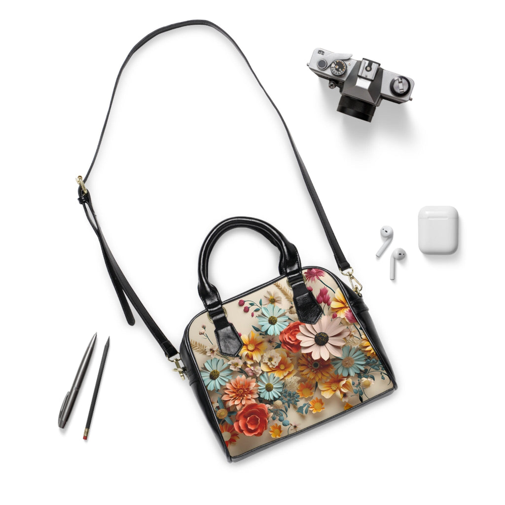 Vibrant Floral Meadow Shoulder Handbag - Designer-Style Faux Leather Purse with Cream Background