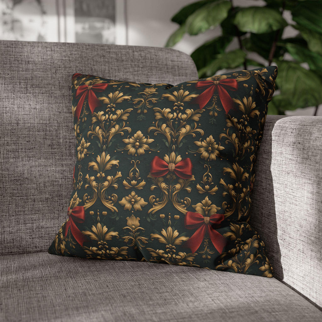 Gold Damask Christmas Pillow Cover with Printed Red Bow: Holiday Decor